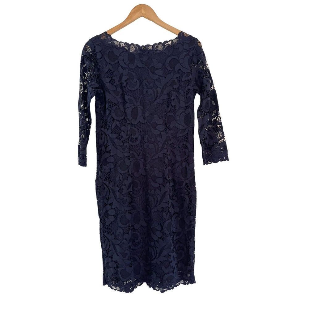 Josie Natori Lace Overlay Dress Midnight Blue 3/4 Sleeve Dress Size M - Picture 2 of 5